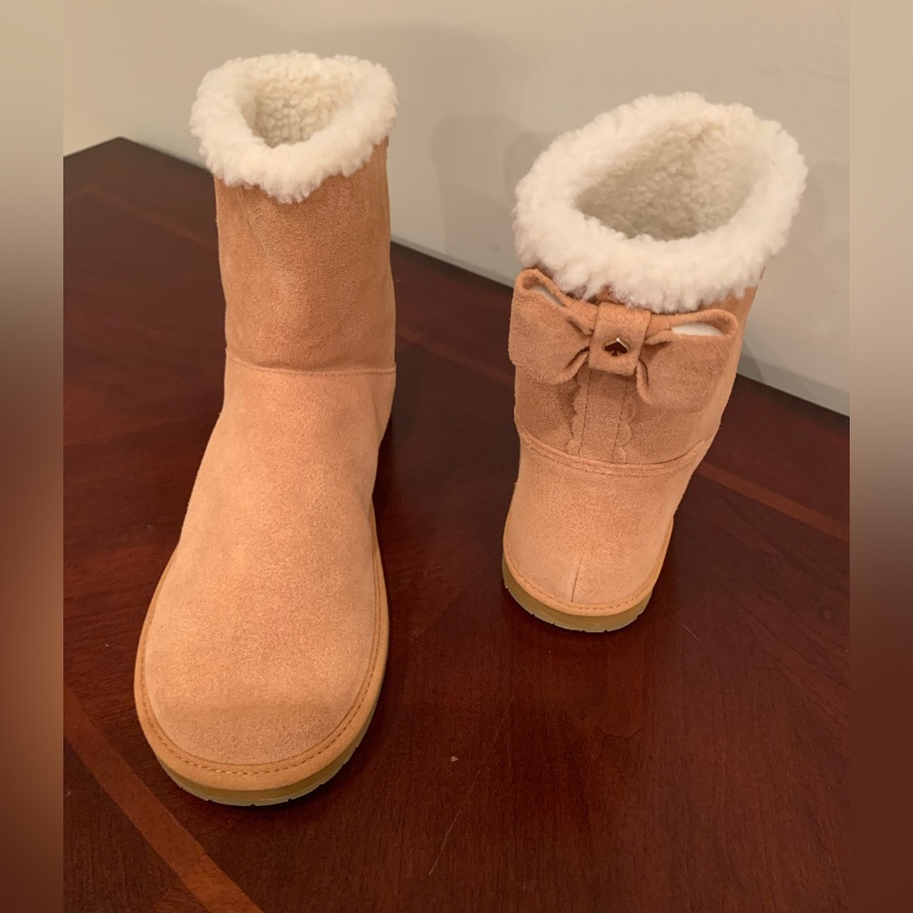 kate spade Tan Suede Shearling Cuff Ankle Booties with Bow Detail
